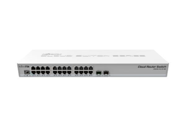 24 Gigabit port switch with 2 x SFP+ cages in 1U rackmount case, Dual boot (RouterOS or SwitchOS)