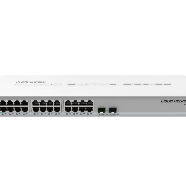 24 Gigabit port switch with 2 x SFP+ cages in 1U rackmount case, Dual boot (RouterOS or SwitchOS)